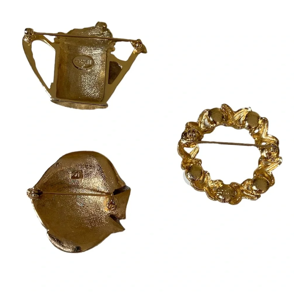 Set of 3 Gold Tone Brooches- Watering Can, Angelfish, Pearl X&O’s. 1.5” diameter